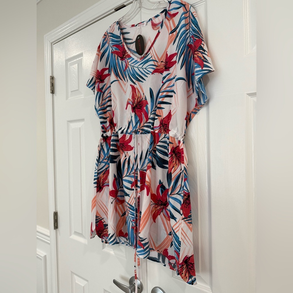 Women’s Casual Swim Cover Up V- Neck Floral Print Midi Dress
